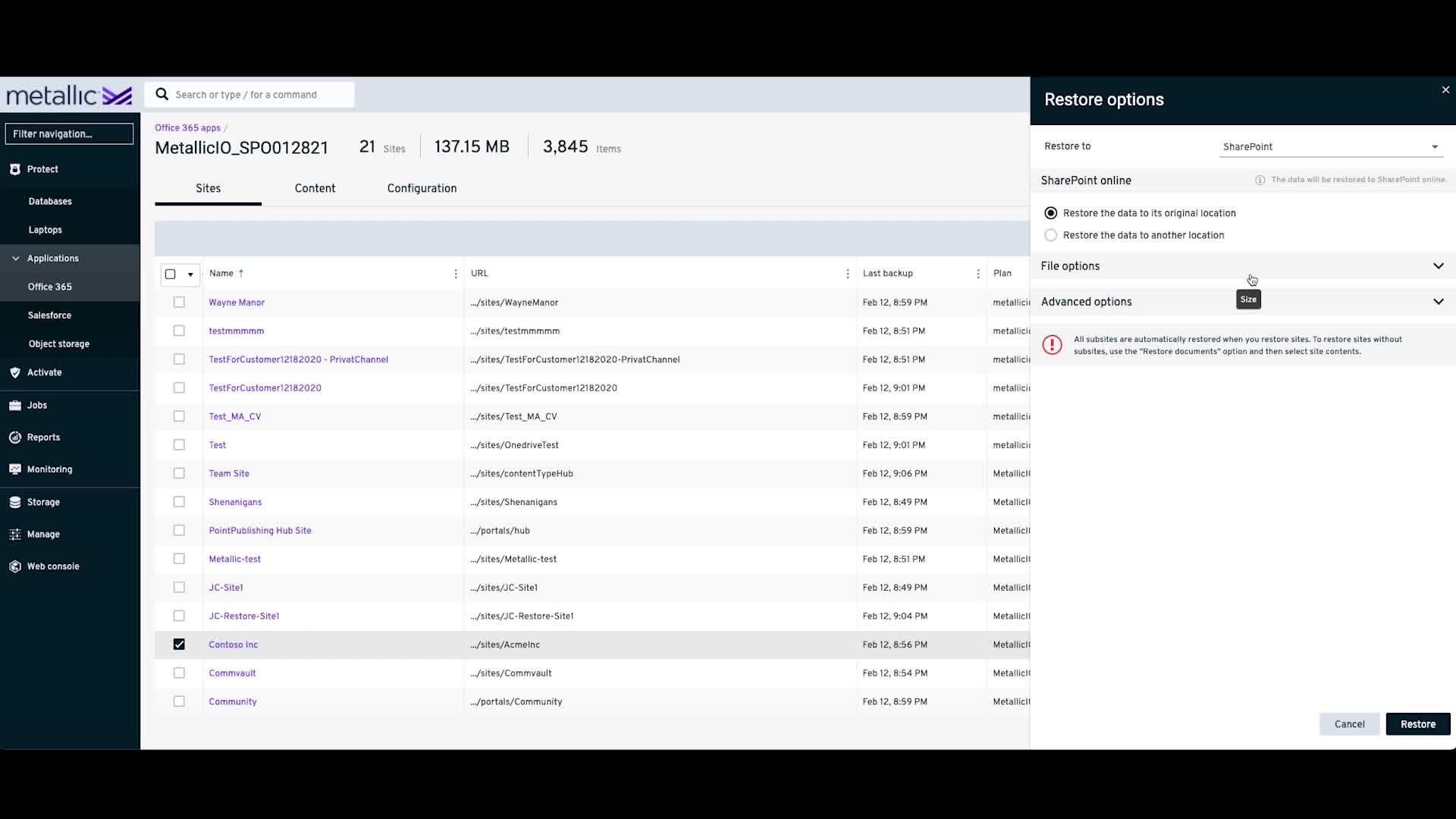 3.5.Restoring entire SharePoint Online sites with Metallic