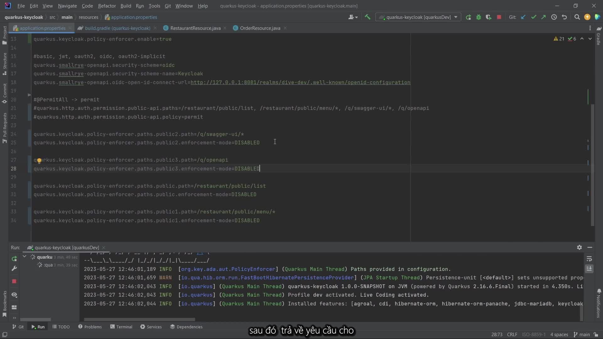 Part 8-2 - How to configure quarkus to make sure it gets authorization from keycloak and test them