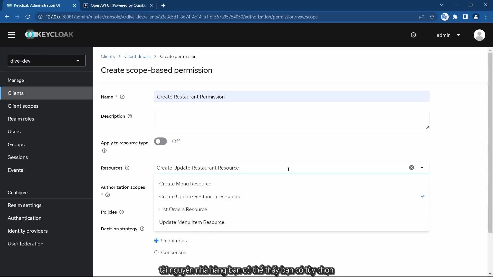 Part 8-6 - Configuration of keycloak to use Policy for authorization